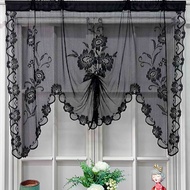 Floral Rose Lace Balloon Curtain White Black Adjustable Tie-Up Curtain Shade, Embroidered Semi Sheer Short Curtain for Living Room Bedroom Door Curtain Rod Pocket