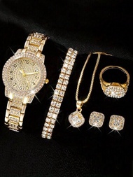 6入組時尚豪華鑽石全鋼錶帶女士石英錶+手鐲、項鍊、耳環、戒指套裝