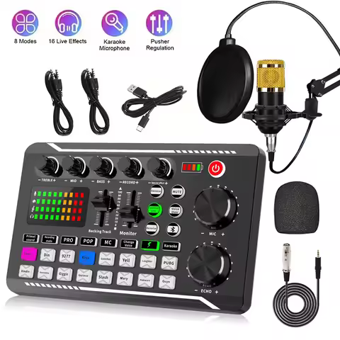 F998 Podcast Live Equipment Bundle, Professional Live Sound Card with Microphone Set Mixer Recording