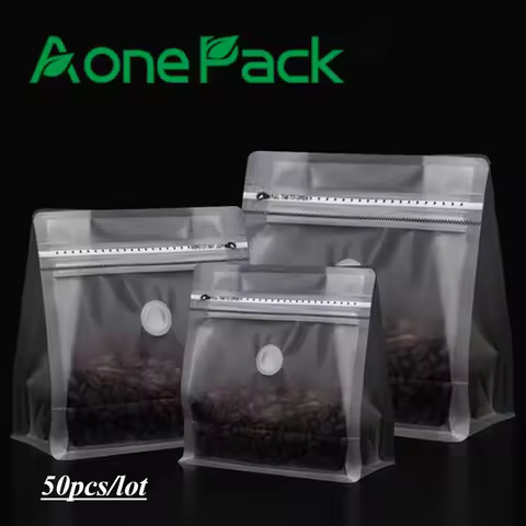50pcs Reusable Color Frosted Clear Coffee Beans Packaging Bag with Air Valve Stand Up Sealed for Can