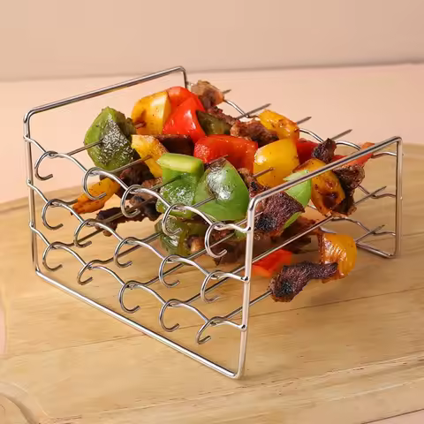 Stainless Steel Air Fryer Grill with Barbecue Stick 3 Layer Oven Cooking Grill with Skewers Stainles