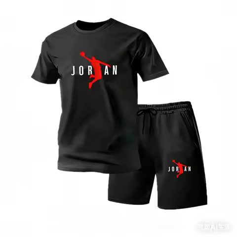 2026 New Jordan Style Men's 2 Piece Set Summer Black Short Sleeve T Shirt Shorts Casual Sports Track