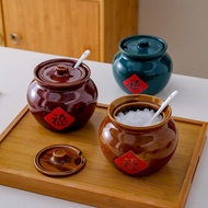 Ceramic Seasoning Jar Old-fashioned Salt Jar with Lid Kitchen Lard Jar Household High Temperature Re