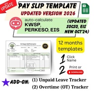 Payslip Template + Overtime + Unpaid Leave Trackers, Auto-fill EPF, SOCSO, Payroll template, Excel.