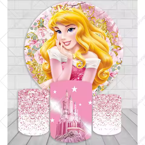 Sleeping Beauty Princess Aurora Circle Round Backdrop Castle Pink Flowers Glitter Girls Birthday Par