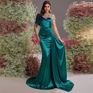 Váy satin co giãn màu xanh lá cây đậm thanh lịch và lộng lẫy cho mùa xuân và mùa hè, lưới màu da tươ