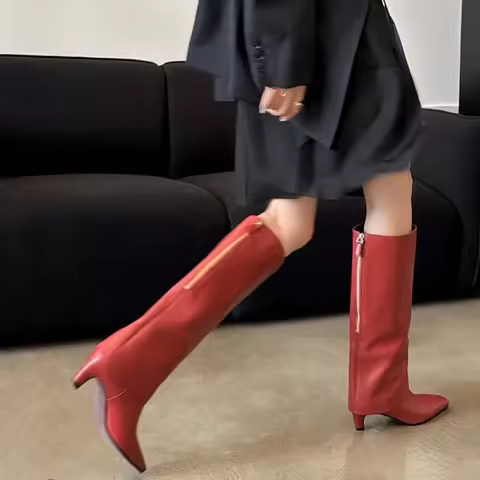 Genuine Leather Women Boots Red Black Sheepskin Back Zipper Knee High 5.5cm Heel Size 34-41