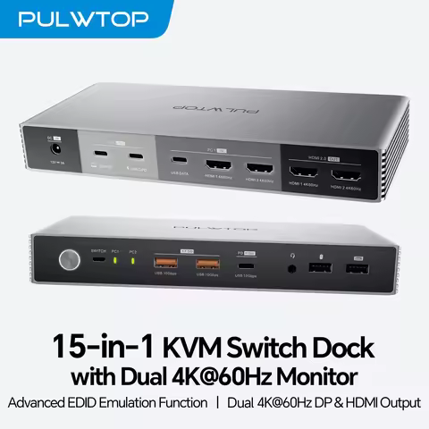PULWTOP KVM Switch Docking Station for Laptop & Desktop, KVM Switches Dock with 2 HDMI, USB A/C 3.2