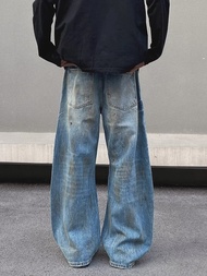 【High-quality】 2000S Clothes Y2K Grunge Old Washed Blue Baggy Ripped Jeans Pants For Men 90S Vintage