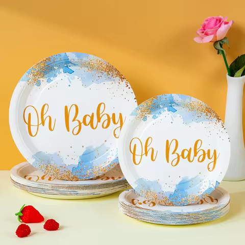 Oh Baby Disposable Paper Plates, Blue and Gold Paper Plates for Baby Shower and Celebrations, Party 