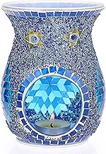 JUXYES Mosaic Glass Essential Oil Burner Candle Fragrance Oil Warmer, Tealight Candle Holder Burners, Incense Aroma Diffuser Tealight Wax Melt Warmer for Home Table Decoration, Blue