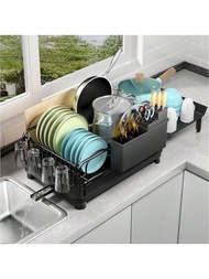 廚房枱面1層可擴展碗碟瀝乾架，多功能自動排水碗碟架，帶餐具架套裝，可伸展至27英寸長，黑色