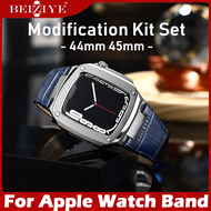 สายนาฬิกา สำหรับ Apple Watch Series 7 band 44mm 45mm สาย เคสโลหะหรูหรา + สายหนังแท้ Mod Modification Kit สำหรับ Apple Watch Series 6 5 4 SE สาย + เคส