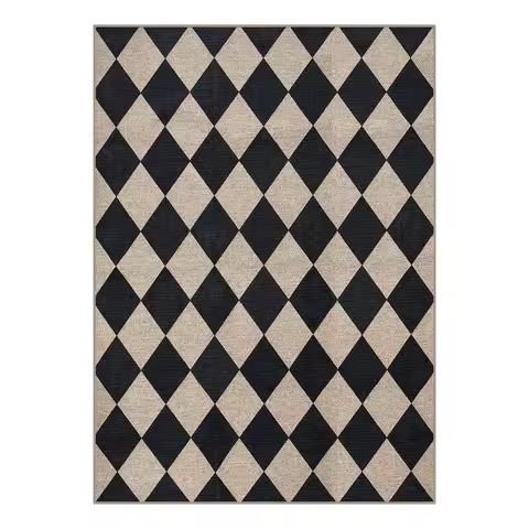 Geometric Checkered Easy Jute Black Indoor Outdoor Rug Soft Washable Non-Slip Area Rug Balcony Kitch