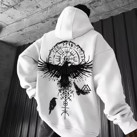 Men's Viking Totem Printed Hooded Sweatshirt Y2K Cotton Hooded Sweatshirt Loose Eagle Pattern Fresh 