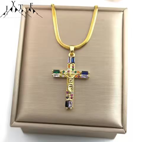 Fashion Zircon Jesus Cross Pendant Necklace for Women Men Gold Plated Shiny Crucifix Colorful Crysta