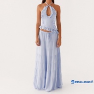 Women's 2-Piece Skirt Set - Halter Neck Top With Ruffle Trim & Long Flowy Skirt