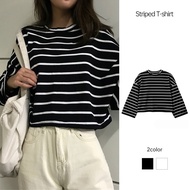 【Malaysia stock】Striped Long Sleeved T-shirt Versatile Student Bottoming Shirt Women Round Neck Loos