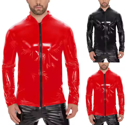 Mens Shiny PU Leather Wet Look Tee Sports Fitness Streetwear Undershirts Nightclub Zipper Shirts Clu