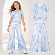 Girls Short Sleeve Blue White Cloud Top And Flare Pants Outfit, Cute Kids Two Piece Set For Playdate