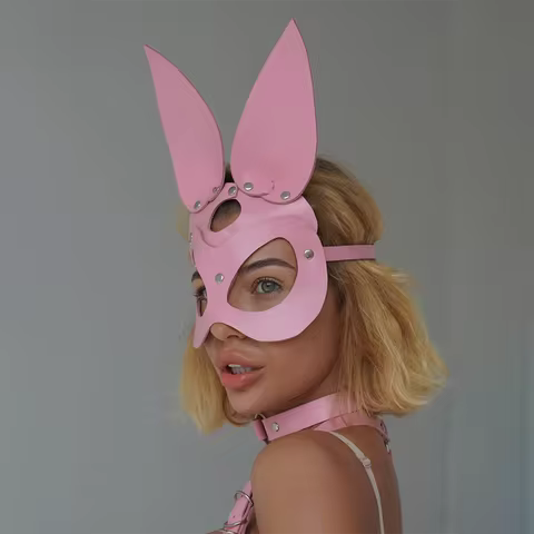 Bunny Mask Rabbit Ears Half Mask for Women Pink PU Leather Cosplay Costume Party Masquerade Hallowee