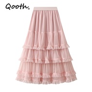 Qooth Women's Tulle Ruffle Skirt - Elegant A-Line Design, Elastic Waist, QT2698