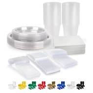 Grandipity 350 Piece Clear Disposable Dinnerware Set, Includes 50 of Each: 9" Dinner Plates, 7" Dess