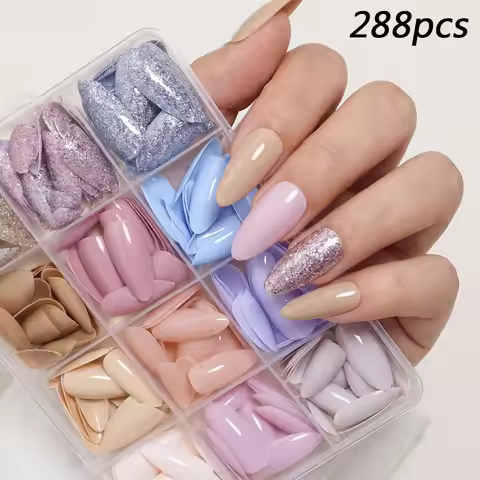 288pcs Glossy Medium Almond Press On Nails Glitter Pink Blue Gold & Solid Color False Nails Full Cov
