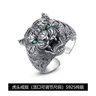 แหวนเงินแท้ S925 หัวเสือสัตว์เลี้ยง แหวนนิ้วชี้เปิดสำหรับผู้ชาย แหวนทรงหัวเสือ สไตล์ย้อนยุค แหวนทรงห