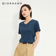 GIORDANO Áo Phông Nữ Cổ Chữ V Tay Ngắn Trơn Đơn Giản Cơ Bản Tee Màu Mùa Hè Thời Trang Sườn Áo Phông