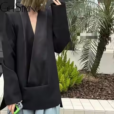 gestring Women Blazer Fashionable V Neck Full Sleeve Ladies Black Blazer Coat Retro All Match Loose 