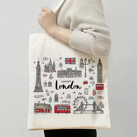 London Theme Canvas Tote Bags Trendy Women Shoulder Handbag Souvenir Travel Handbag Fashion Girl Han