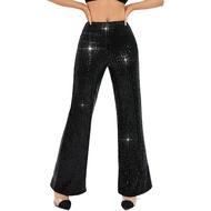 Women High Waist Sparkling Pants Wide Leg Flared Trousers Sequin Bling Party Slacks Glitter Night Ou