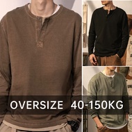 Oversize American Retro Henry Shirt Pure Cotton Henry Collar Long Sleeve T Shirt
