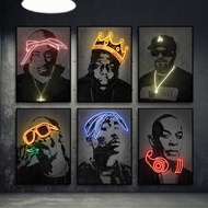 ผ้าใบพิมพ์ศิลปะโปสเตอร์บทคัดย่อ Neon Design Rapper Star ผ้าใบภาพวาด 2PAC Hip Hop นักร้องโปสเตอร์ Wal