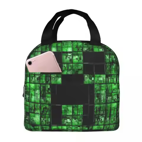 Pixel Art Lunch Bag For Girls Creeper Backgrounds Lunch Box Fun Picnic Cooler Bag Portable Zipper Ox