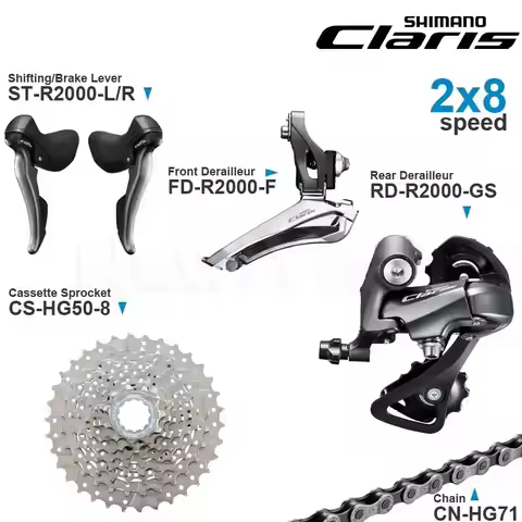 SHIMANO CLARIS R2000 2x8 Speed Groupset include R2000 Shifter Front/Rear Derailleur and HG50-8 Casse