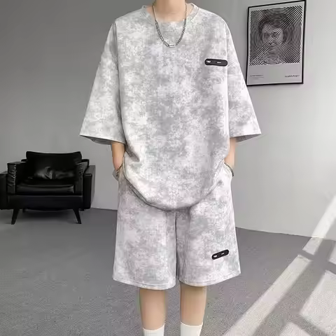 NEW 2 Sets TZ168 4XL 5XL Men's Waffle Summer Suit Casual T-shirt + Shorts Suit Men's Tracksuit Solid