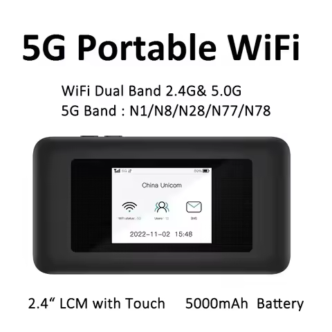 Portable 5G WiFi Router Unlocked 4G 5G MiFis Router with WiFi 2.4G & 5G Sim card Slot 5000mAh Batter