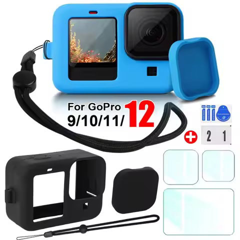 For GoPro Hero 12 11 10 9 Silicone Case Protective Sleeve Lanyard HD Tempered Glass Screen Protector