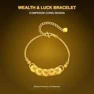 Premium Feng Shui 5 Emperor Coins Bracelet Wealth & Luck Charm Adjustable 24K Gold Silver Gift Jewel