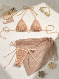 Conjunto De Traje De Baño De Cuello Halter Para Mujer, Bikini Con Falda De Cubierta, Traje De Baño, Traje De Playa, Vacaciones De Verano