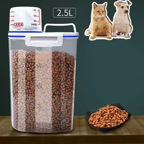 1.5kg/2kg Dog Cat Food Storage Container Plastic Pail With Measuring Cup Airtight Moisture Proof Pet