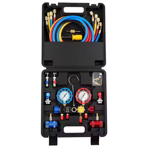 AC Manifold Gauge Set for R134a R404A R1234yf R22 Refrigerant, 4 Way AC Gauge with 5 ft Hoses, Adapt