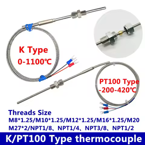 1100 degree K/PT100 Type Ungrounded 1mm-6mm/Threads Size M8*1.25/M10*1.25 Controller Sheathed Thermo
