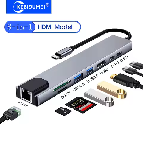 KEBIDUMEI 8 Ports USB C Docking Station USB 3.0 Hub Type C 3.1 to 4K HDMI Adapter Type C Splitter wi