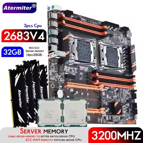 Atermiter Dual X99 Motherboard With LGA2011-3 XEON E5 2683 V4 *2 CPU With 4pcsX8GB = 32GB DDR4 3200M