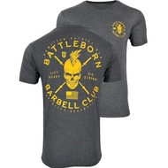 (xinghe88) Battle Born Barbell Club T Shirt Flaming Skull Double Sided Graphic Gym Fitness