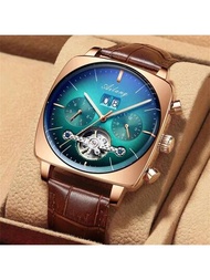 Ailang自動豪華計時方錶盤機械腕錶,鑽空,防水,時尚男裝手錶