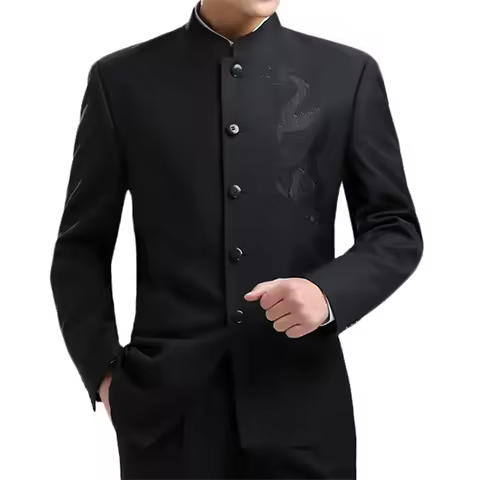 Oriental Dragon Embroidery Men Tunic Suit Jacket Black Stand Collar Chinese Style Kung Fu Zhongshan 